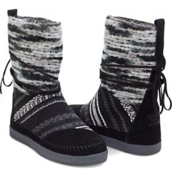 Toms Nepal Boots Sz 9 Black Suede Textile Mix Faux Shearling Lined Womens 8 - Picture 1 of 9